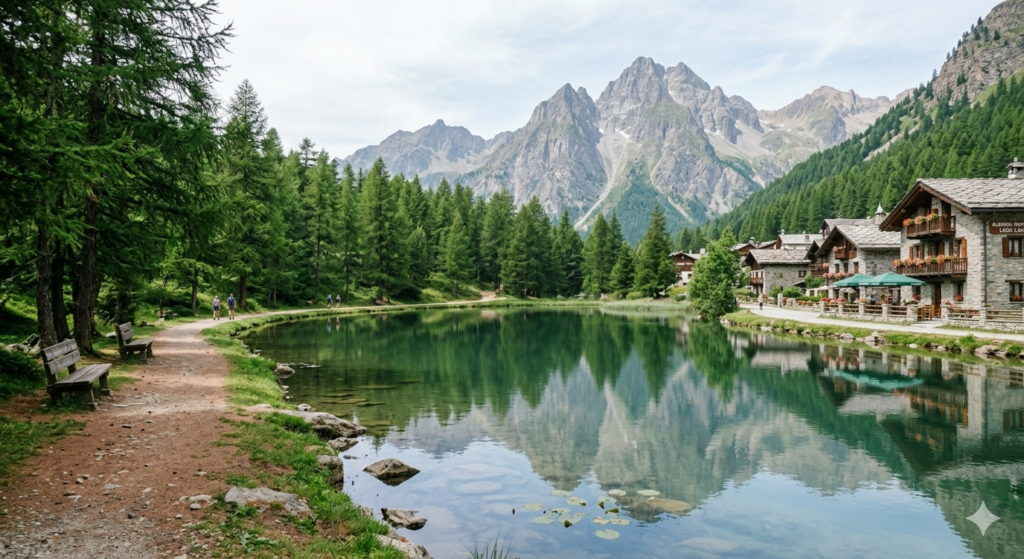 Il limpido specchio d'acqua del Lago del Laux in Val Chisone circondato da alberi e sentieri in piano.