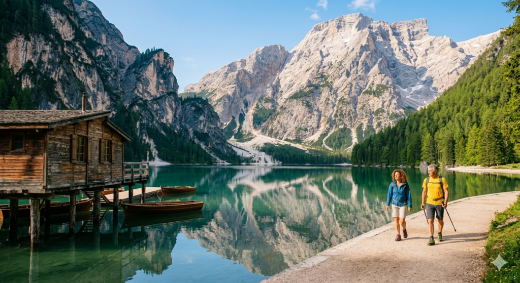 Coppia che cammina lungo il sentiero pianeggiante del Lago di Braies nelle Dolomiti in estate.