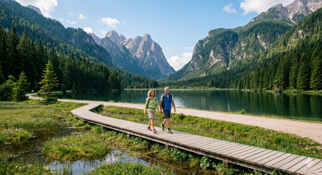 Passerella di legno panoramica del sentiero natura al Lago di Dobbiaco nelle Dolomiti in estate.